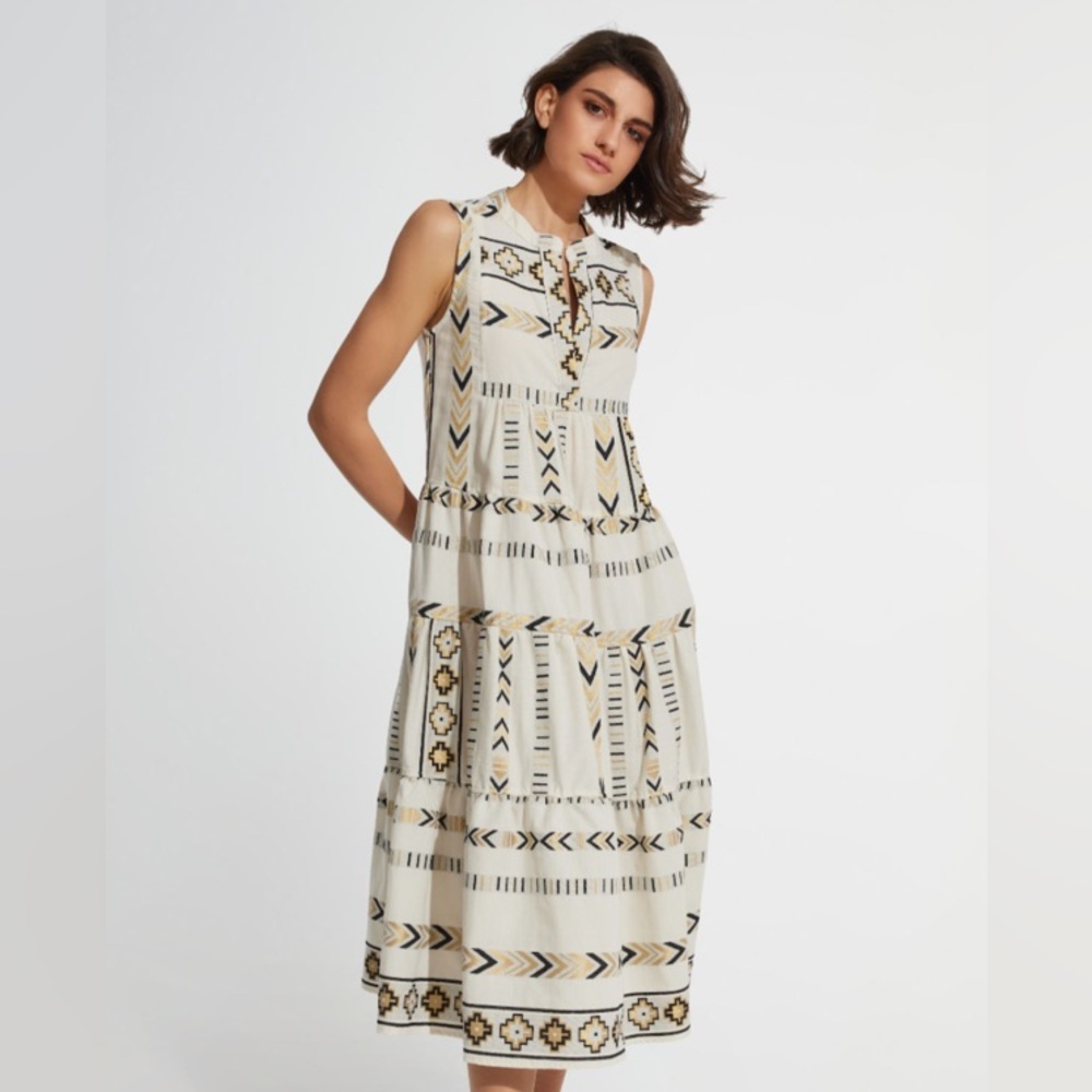 Kasia Ydra Black Gold Sleeveless Open V-Neck Tiered Midi Dress